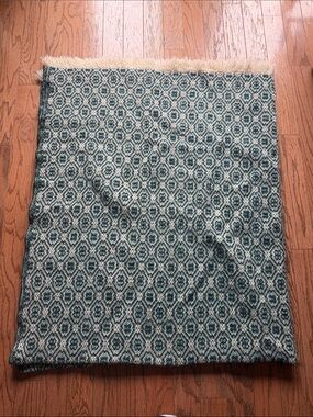 Antique 1920’s Throw Blanket Wool Woven Green  Cream Fringe 81”x 64” Perfect